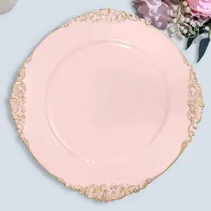 6-Pack Acrylic Charger Plates 13" Round Blush with Gold Embossed Baroque Rim - Antique Decorative Dinner Tableware
