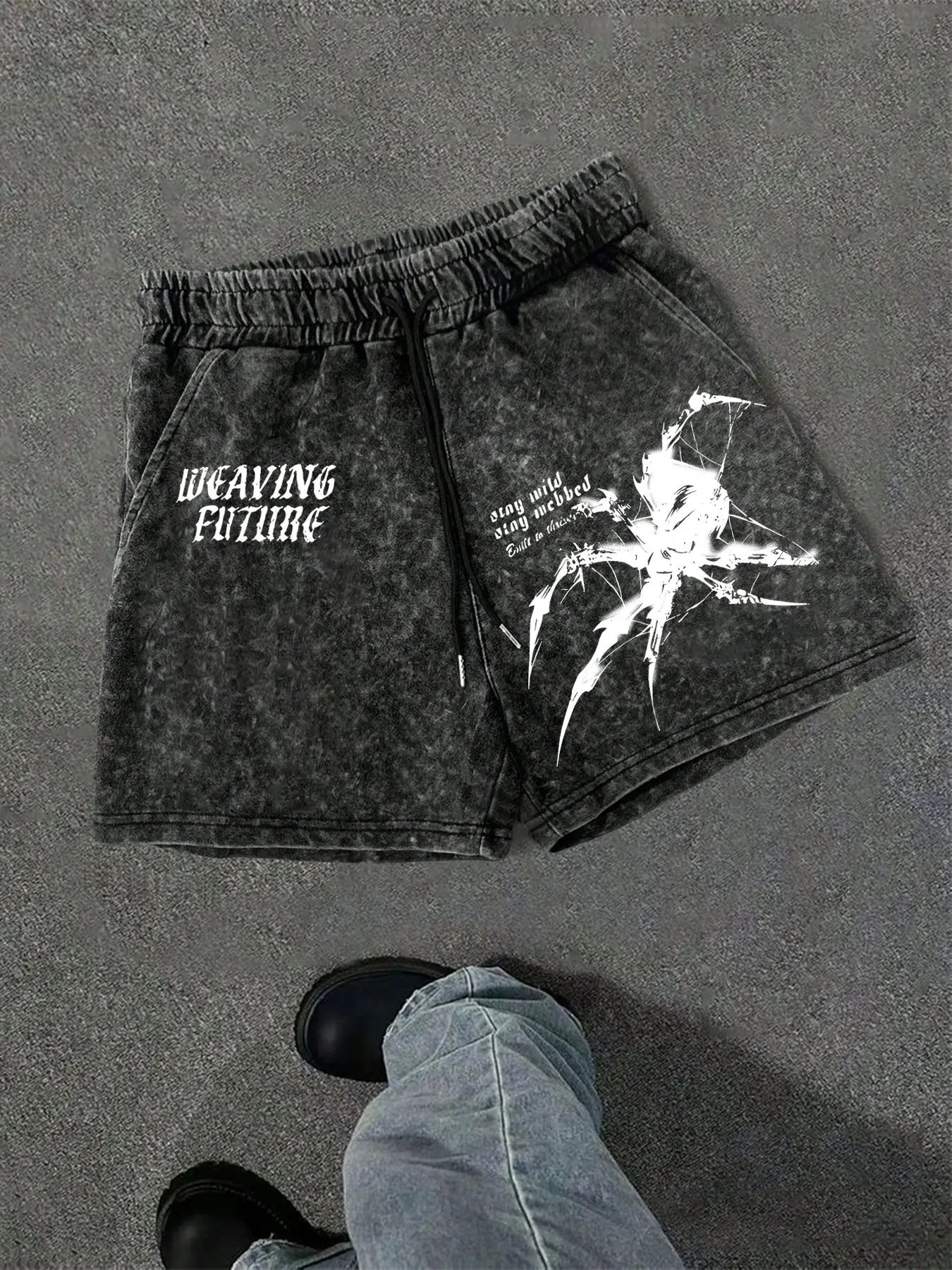 Spider Print Cotton Shorts, Breathable Trendy Dark Style, Summer Ready, Casual Elastic Waist Drawstring Comfort Design, Summer Daily Sport Wear, lightweight athleisure shorts