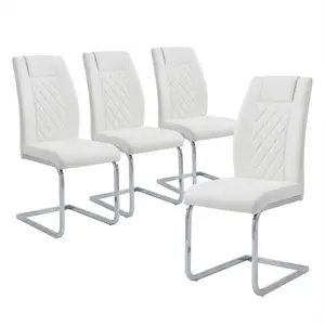High-Back Dining Chairs Set of 4, White Faux Leather with Plated Chrome Metal Frame, Modern Kitchen Chairs with Padded Seat High Back for Dining, Kitchen, Living Room