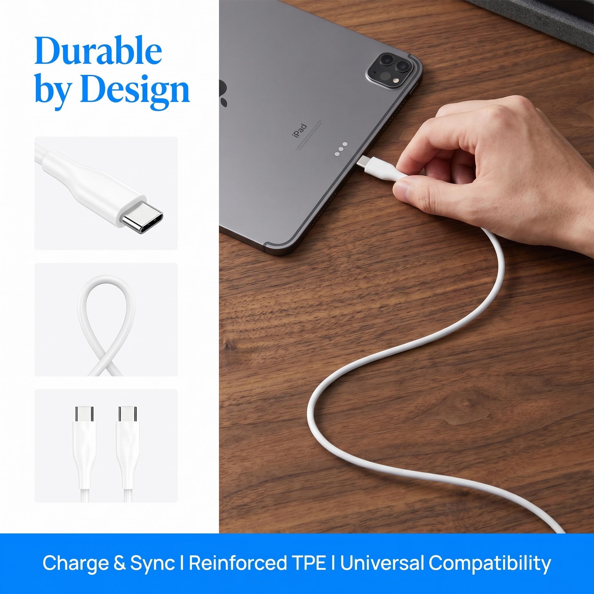 60W USB‑C to USB‑C fast charging cable, PD fast charge and data sync, durable soft TPE, tangle‑free and bend‑resistant, 3.3 ft cord for iPhone 17/16/15, Samsung, Pixel, iPad Pro, MacBook, Switch