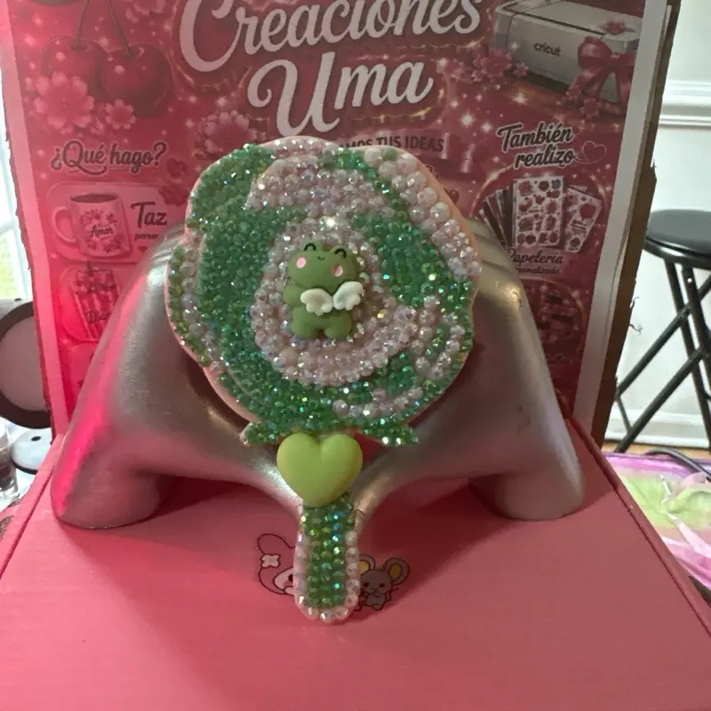 Hand mirror decorated with sparkling rhinestones (Christmas style)