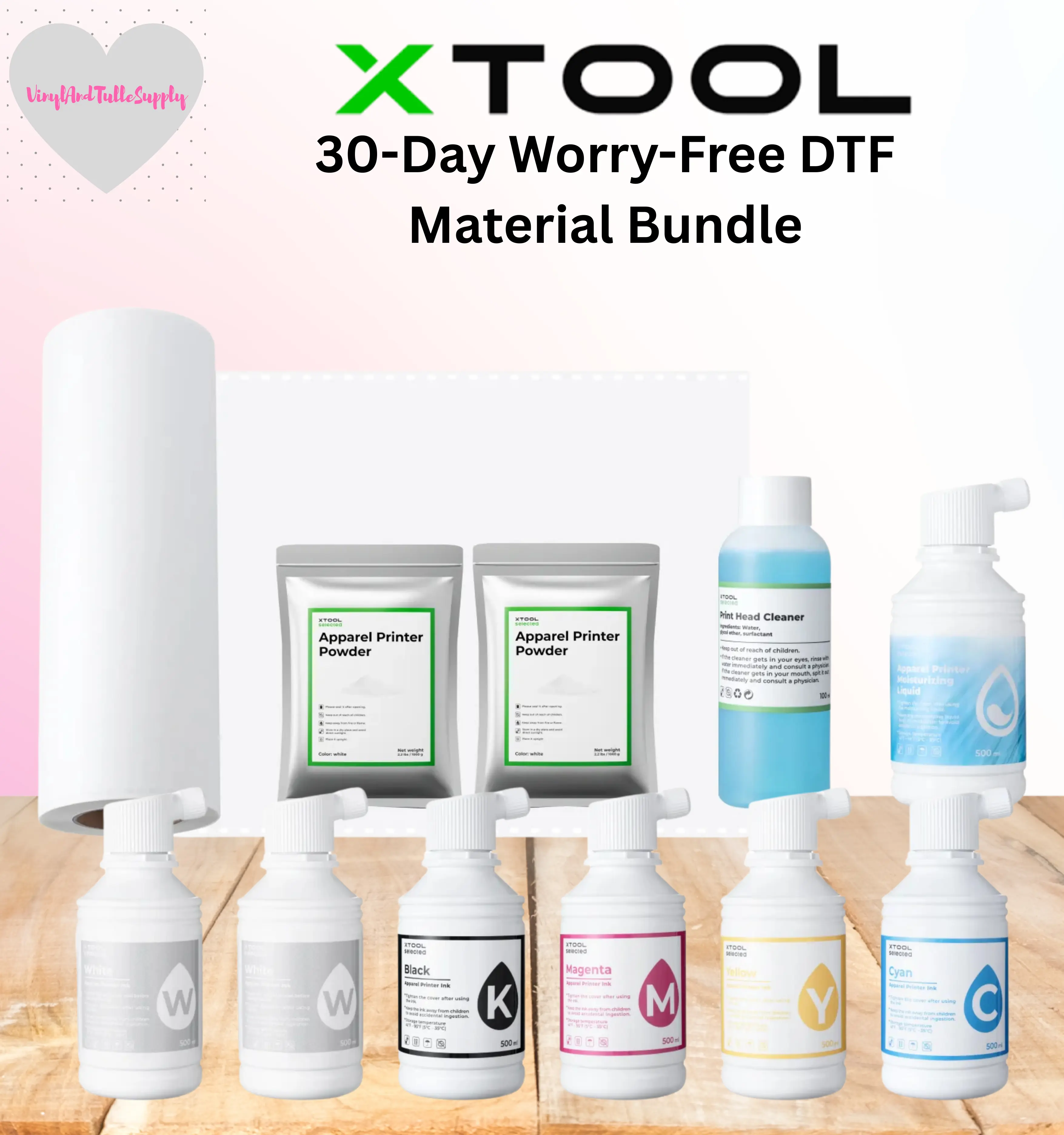 xTool DTF Ink & Material Bottle Bundle - G7 Certified Color Accuracy, Non-Toxic Skin-Safe Inks, Smooth Flow, Polyester/Leather Compatibility, CMYK Cyan/Magenta, Consistent Curing, High Detail, Accurate Layering, 30-Day Worry-Free Support