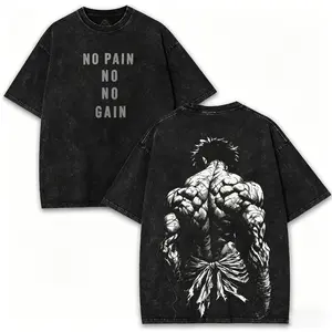Gym Shirt Baki Pump Cover Anime Double Printed Vintage Washed Tee Unisex Oversize Anime Manga Washed Heavyweight Cotton T-shirt, Anime Gymwear for Otaku & Fighters