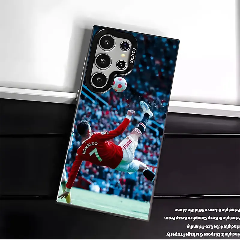 Ronaldo Football-Themed Black Silver Acrylic Crash-Proof Non-Slip Smartphone Cover & Screen Protector for Samsung Galaxy Series (S22/S23/S24 FE Ultra) with Camera Safeguard, Custom Mobile Phone Accessory