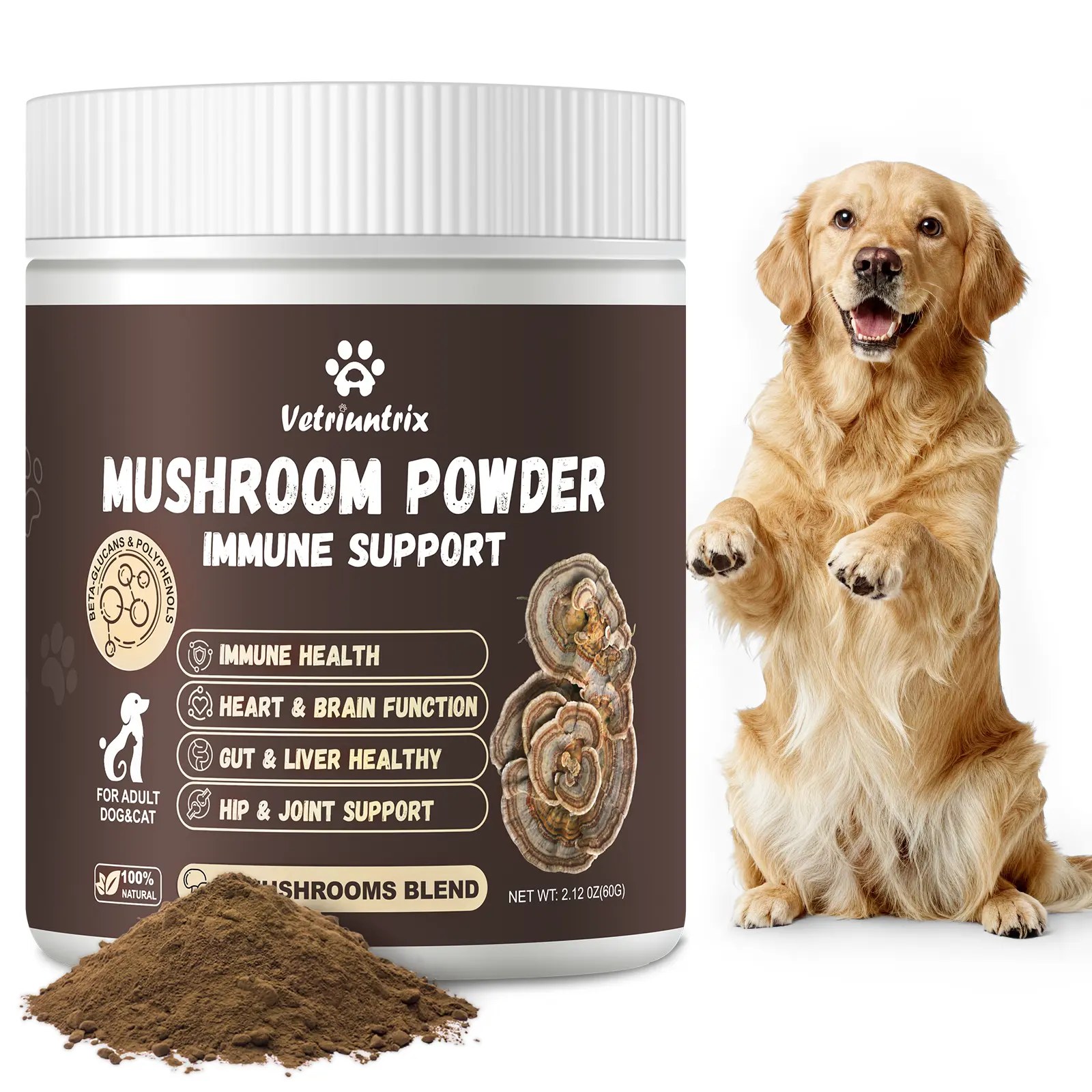 Vetriuntrix Turkey Tail Mushroom Powder for Dogs and Cats, Organic 10 Mushroom Blend for Lumps and Bumps, Dogs and Cats Herbal Supplements Probiotic with 50% β-glucan, Immune Gut Skin Joint support-30 Day Supply