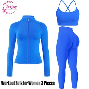 Jetjoy Workout Sets for Women 3 Piece ,  Women Seamless Ribbed Workout Sets With Zip Up Jacket+Sports Bra+Mid-Waisted Gym Yoga Leggings