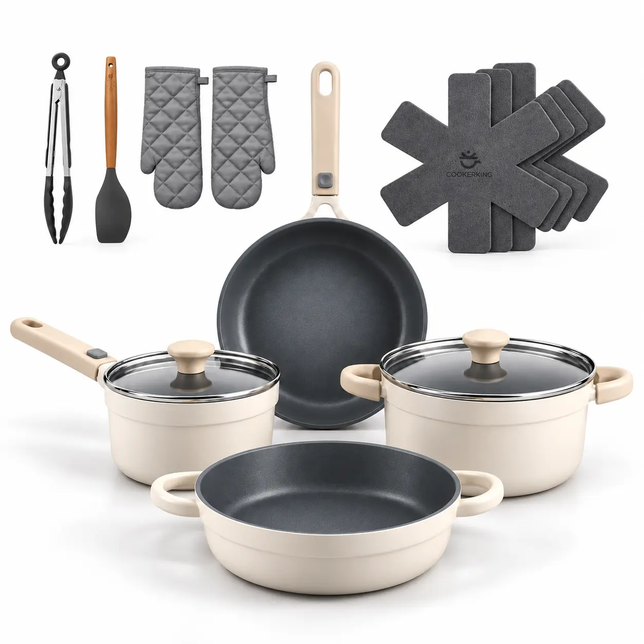COOKER KING 17-Piece Compact Nonstick Cookware Set - Frying Pan Included, Stackable with Removable Silicone Handle, Space-Saving, Induction Safe for Gas, Electric Stovetops & Oven, Everyday Use