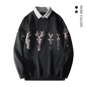 Men's Fake Two-Piece Shirt Collar Sweater with Deer Pattern Black Base Multiple Colors Casual Autumn Winter Knitwear Fashion Menswear Stylish Suit Tops Long Sleeve  FallFreshness