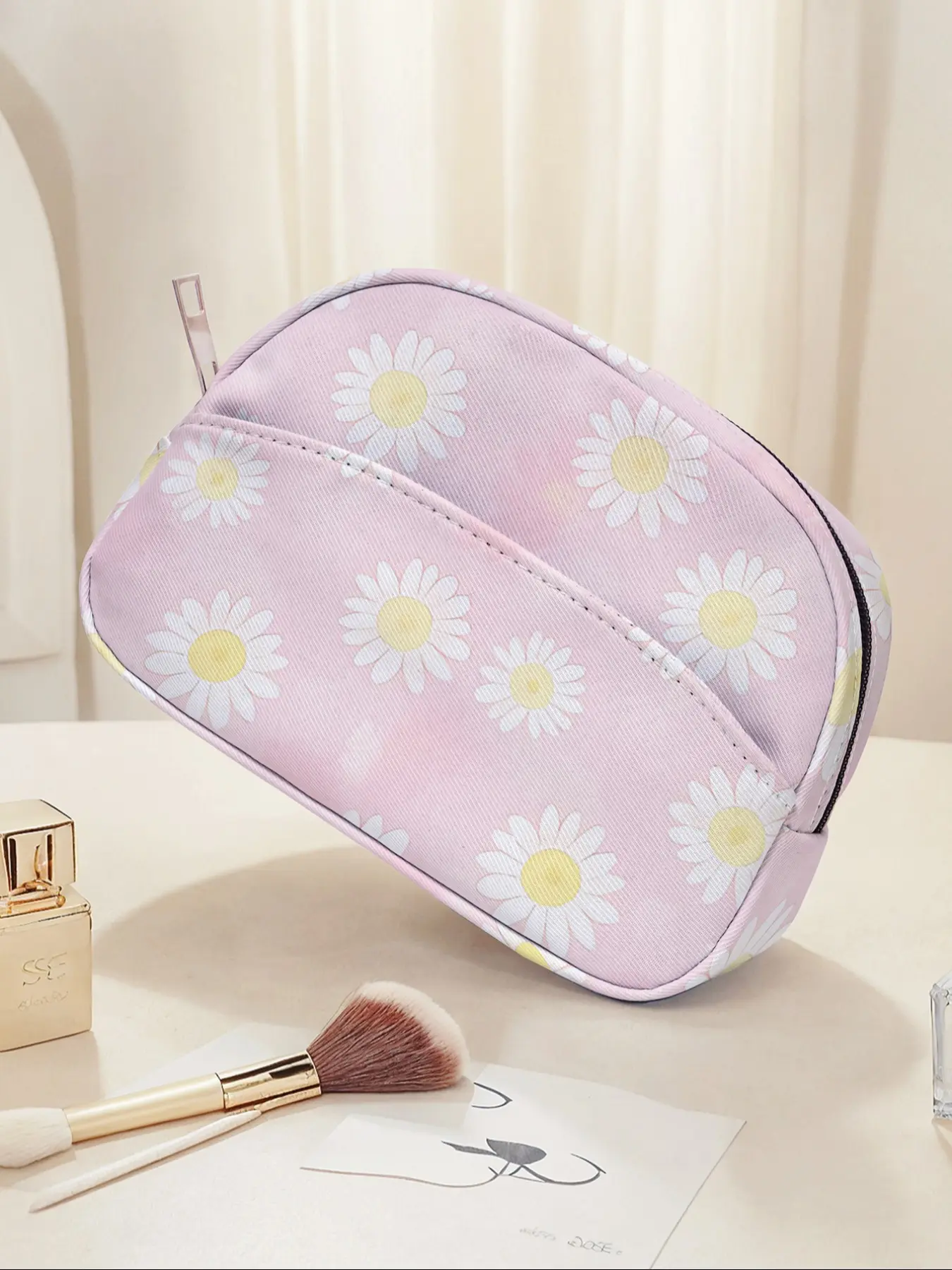 Daisy Pattern Portable Travel Cosmetic Bag, Brush Holder Organizer, Large Capacity Toiletries Storage Pouch, Cute Fashion Makeup Bag
