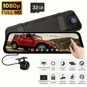 10'' Mirror Dash Cam, 1080P FHD IPS Touch Screen Front and Rear View Backup Camera for Cars Loop Recording Streaming Media, 170°Wide Angle Parking Assistance with 32GB Memory Card, Video Dashcam