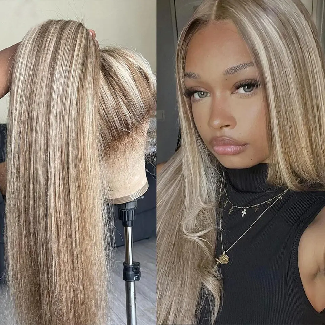 613 Colored with Blonde Highlights Human Hair Wigs for Women 180 Density 13x6 Lace Front Wigs Straight Highlights Milk Tea and 613 Blonde