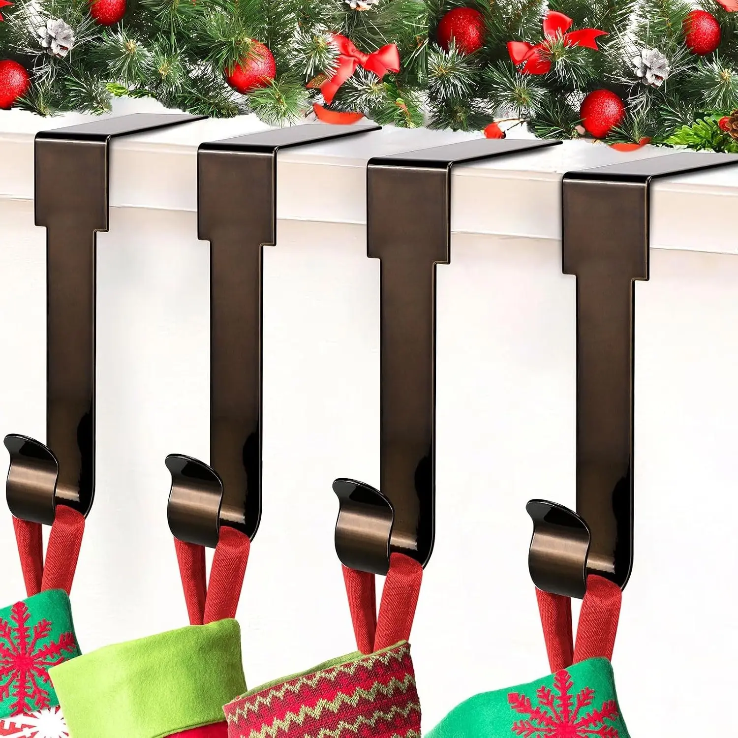 Christmas Stocking Holders for Mantle, 4 Pack Non-Skid Stocking Hangers, Lightweight Fireplace Hooks for Holiday Home Party Decor