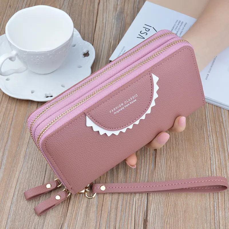 W23-Women Cute Monster Teeth Long Wallet Double Zipper Wristlet Clutch Purse Large Capacity Lychee Grain Phone Card Holder Money Bag