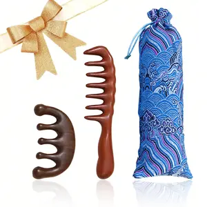 Natural Wooden Wide Tooth Comb Set, Large Curved and Five Finger Massage Combs for Scalp Care, Hair Cleaning and Grooming, 2-Piece Set from China