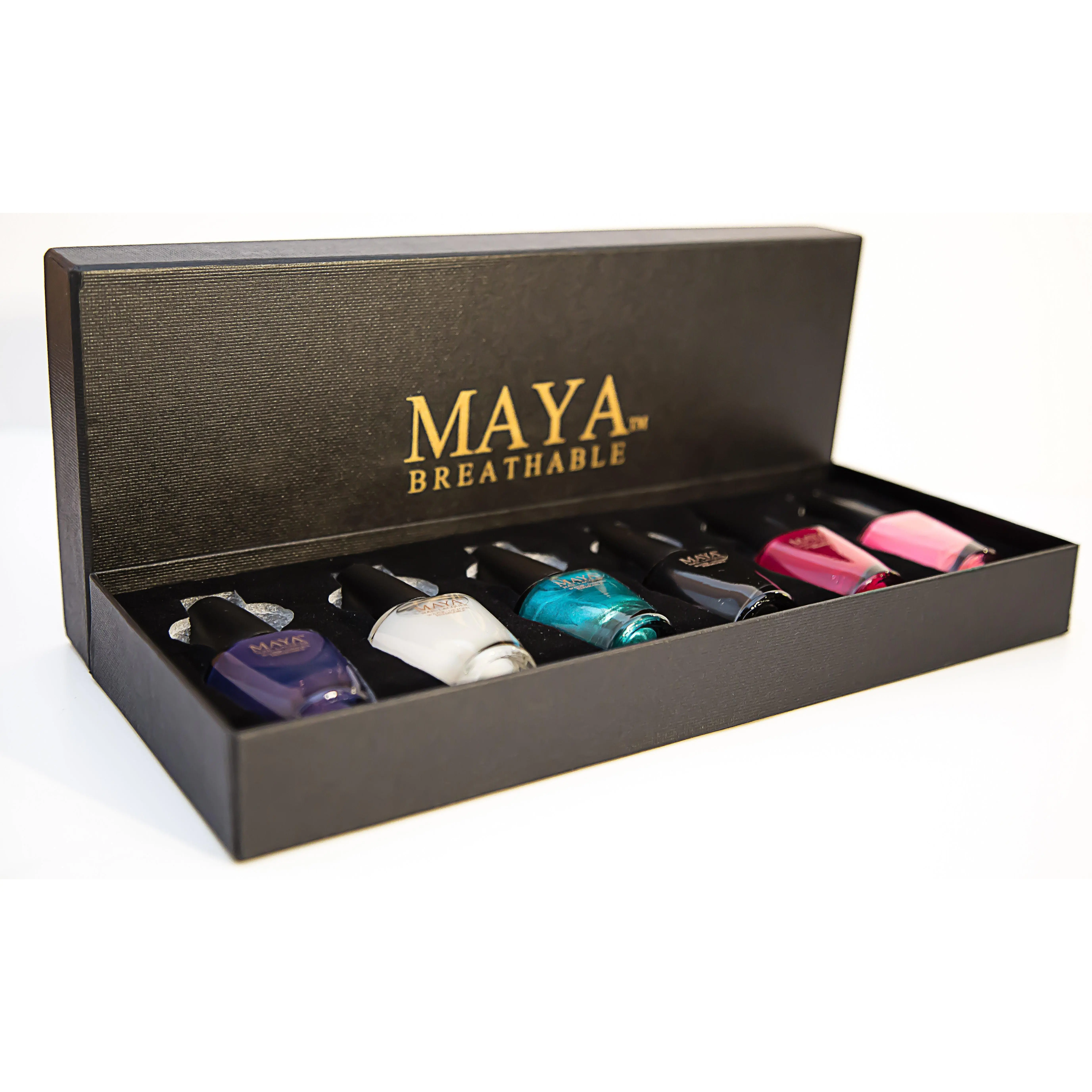 MAYA Breathable 6-Piece Gift Set Black Nail Art Lacquer Set with Velvety Interior & Gold Logo Vegan Cruelty-Free Formula Polish Cutics