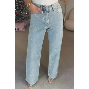 Women's Rhinestone High Rise Straight Leg Jeans Sparkly Denim with Crystal Details Perfect for a Trendy Look Comfortable and Chic Light Wash Jeans to Elevate Any Outfit