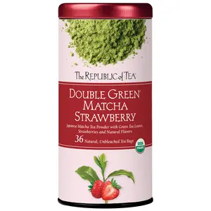 The Republic of Tea Organic Double Green Matcha Strawberry, Individual Tea Bags with Japanese Matcha Tea Powder and Green Tea Leaves Blend, Natural Unbleached Bags in Reusable Canister, 36 Tea Bags