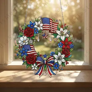 Patriotic Wreath Stained Glass Suncatcher – American Flag Window Hanging, 4th of July Decor, USA Acrylic Sun Catcher