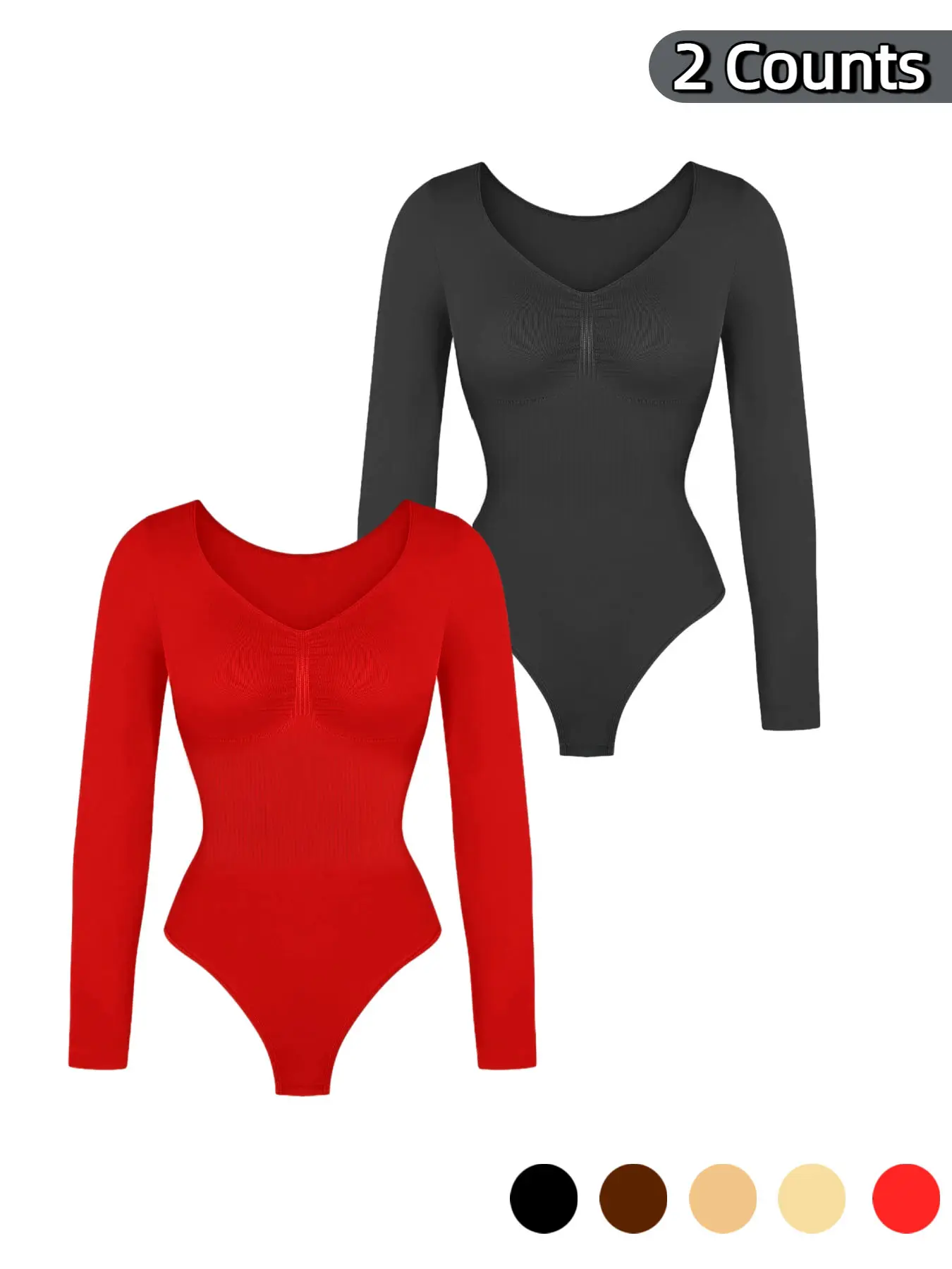 Women's Seamless Long Sleeve Shapewear Underwear Set, V Neck One-Piece Bodycon Suit, Comfortable Fashion Design, Fall & Winter Wear, Stretchy, Chic, Elegant