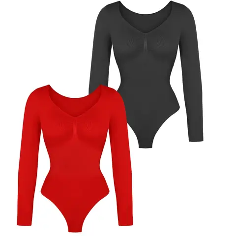 Women's Seamless Long Sleeve Shapewear Underwear Set, V Neck One-Piece Bodycon Suit, Comfortable Soft Fashion Style Design, Fall & Winter Wear, Stretchy, Chic, Elegant