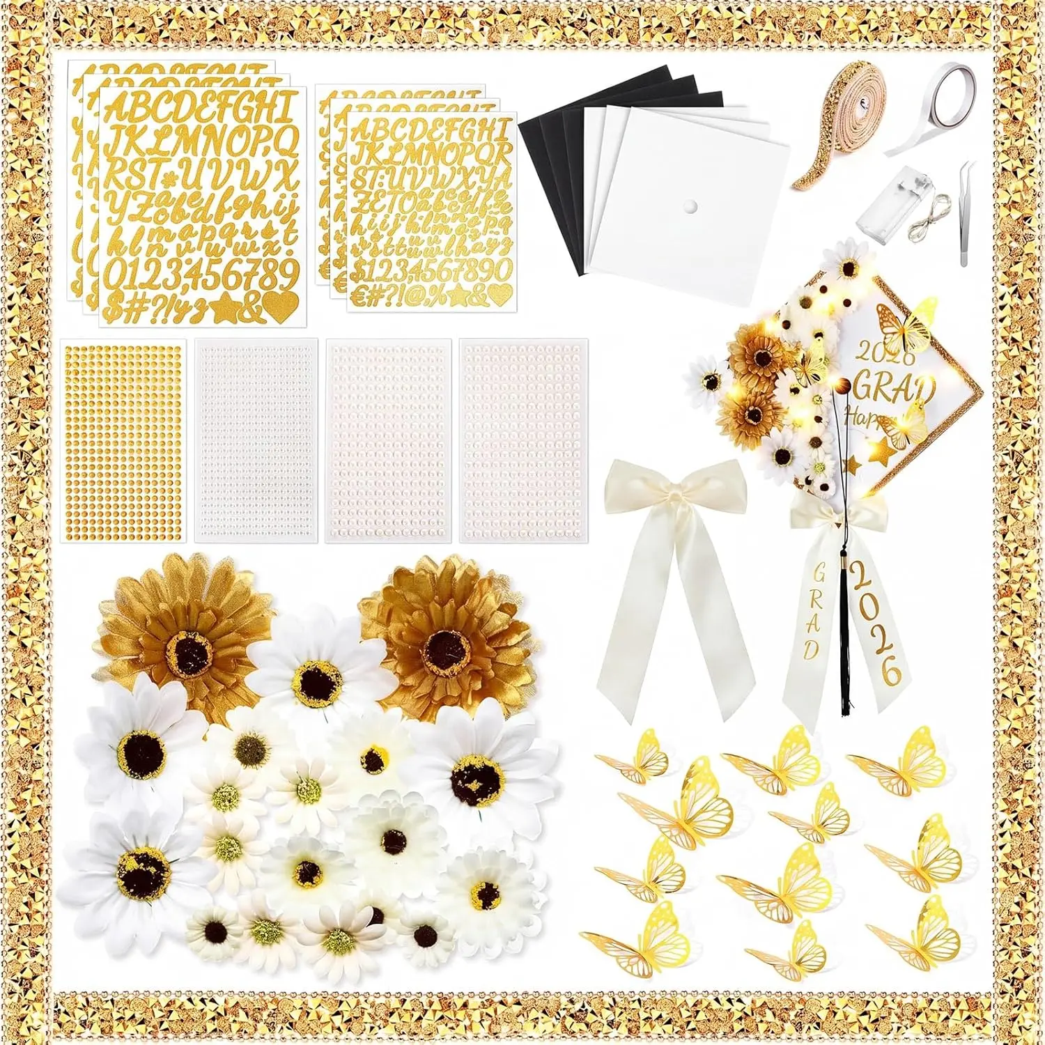 59-Piece DIY Graduation Cap Decor Set for 2026 Grads, White Grad Cap Topper with Lights incl., Bow, Faux Flowers, 3D Butterflies, Pearl Letters, Stickers, Construction Paper – Party Graduation Gift
