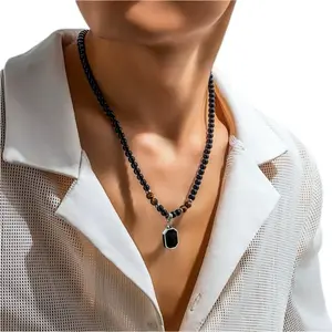 Mateo Stylish Black Beaded Necklace with Bold Square Pendant, Adjustable Clasp, Lightweight Design for Casual, Streetwear & Formal Outfits