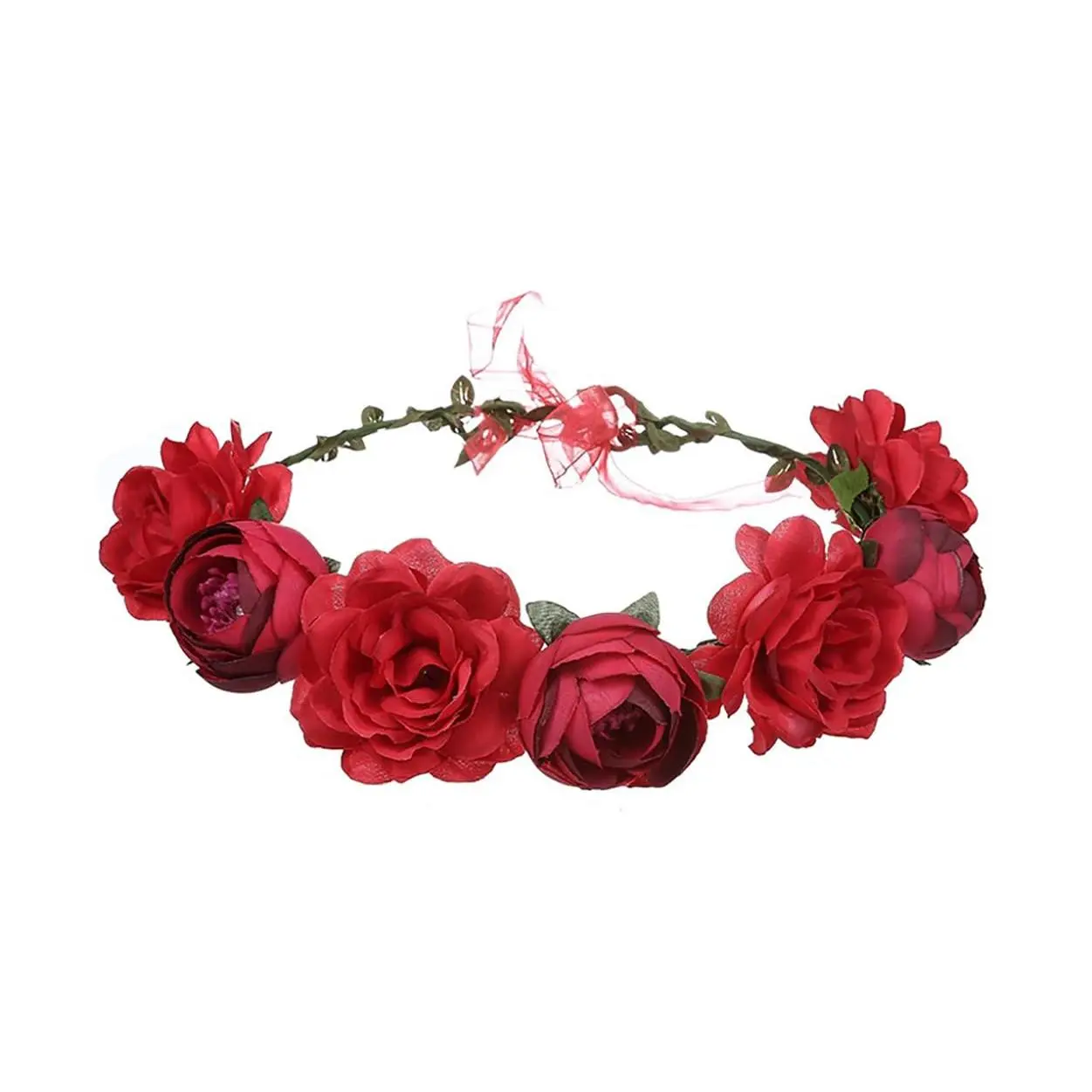 Women's Bohemian Simulated Rose Flower Wreath Adjustable Rose Flower Headband Seaside Party Floral Headpiece (B- Red), Snapshot, 5.5Cm Small Flowers