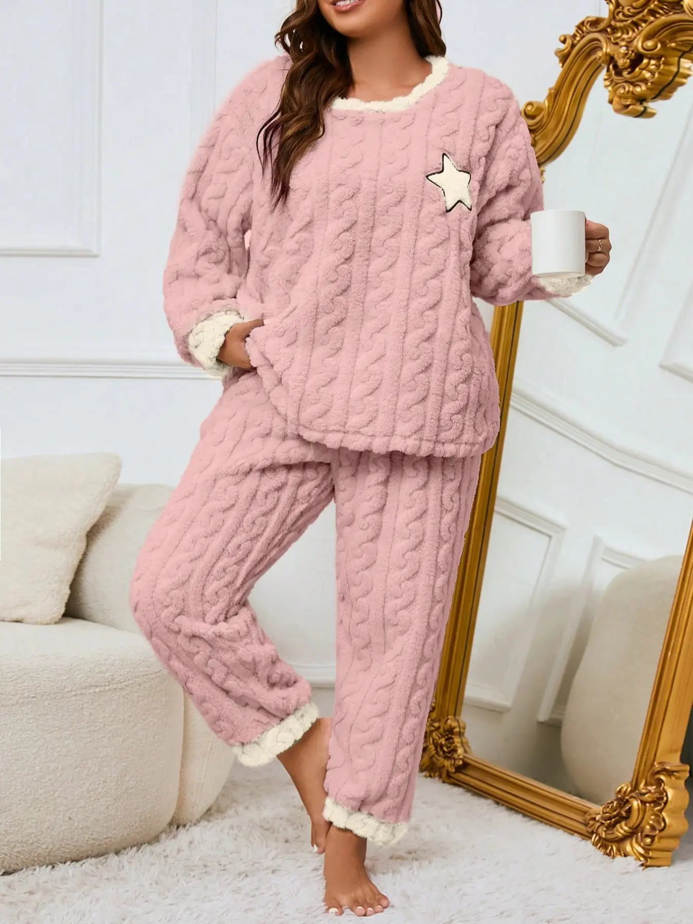 Women's Knitted Fleece Fluffy Pajama Set, Round Neck Trim Star Patch Long Sleeve Top and Footed Pants, Warm Home Two-Piece Suit