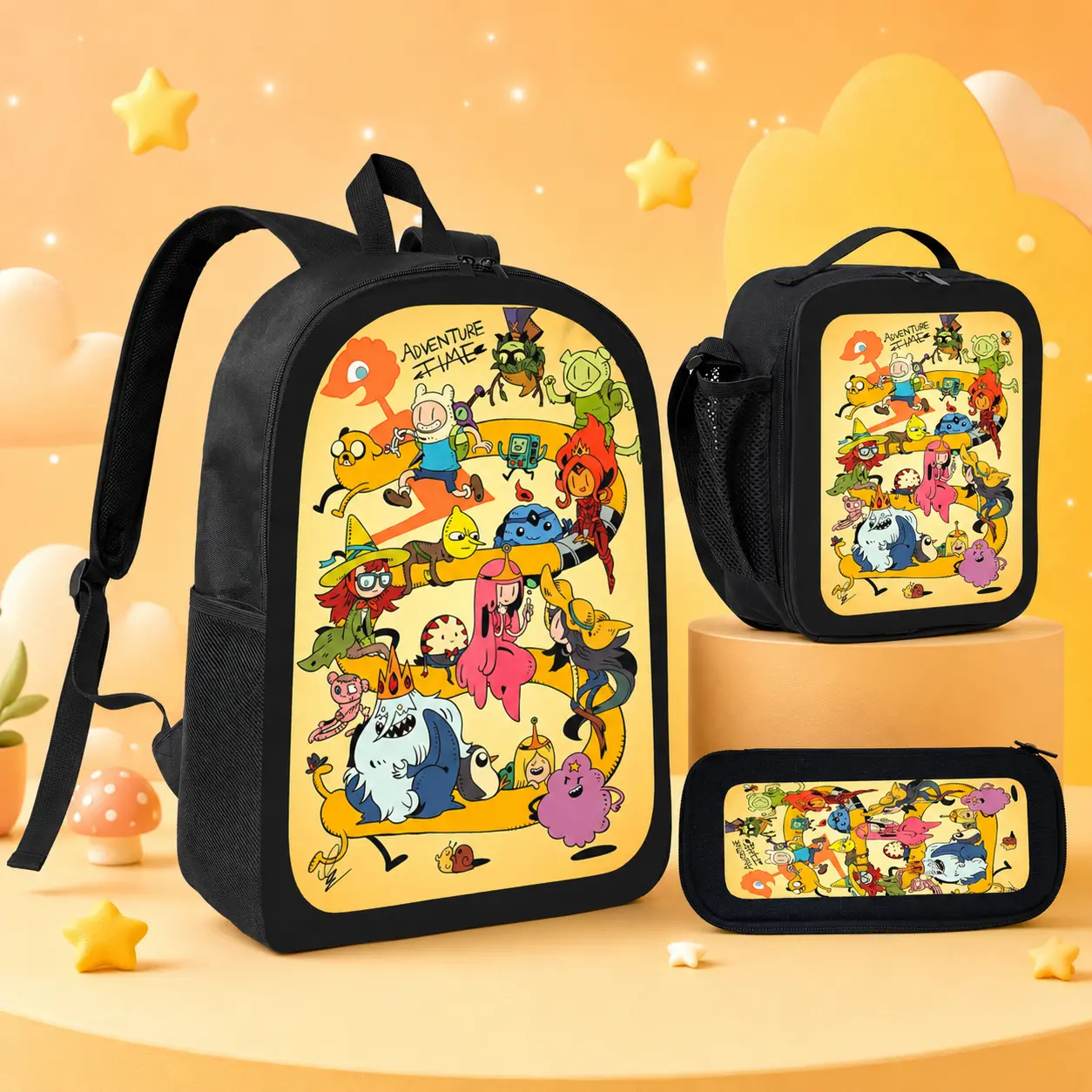 Cute Cartoon Adventure Time Backpack, Creative Funny Casual Travel Bag, TikTok Trend Adventure Time Daypack, Kawaii Anime Style Black Backpack