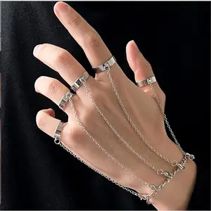 Gothic Punk 5-Connected Chain Slave Bracelet with Finger Rings, Fashion Hand Chain Accessory