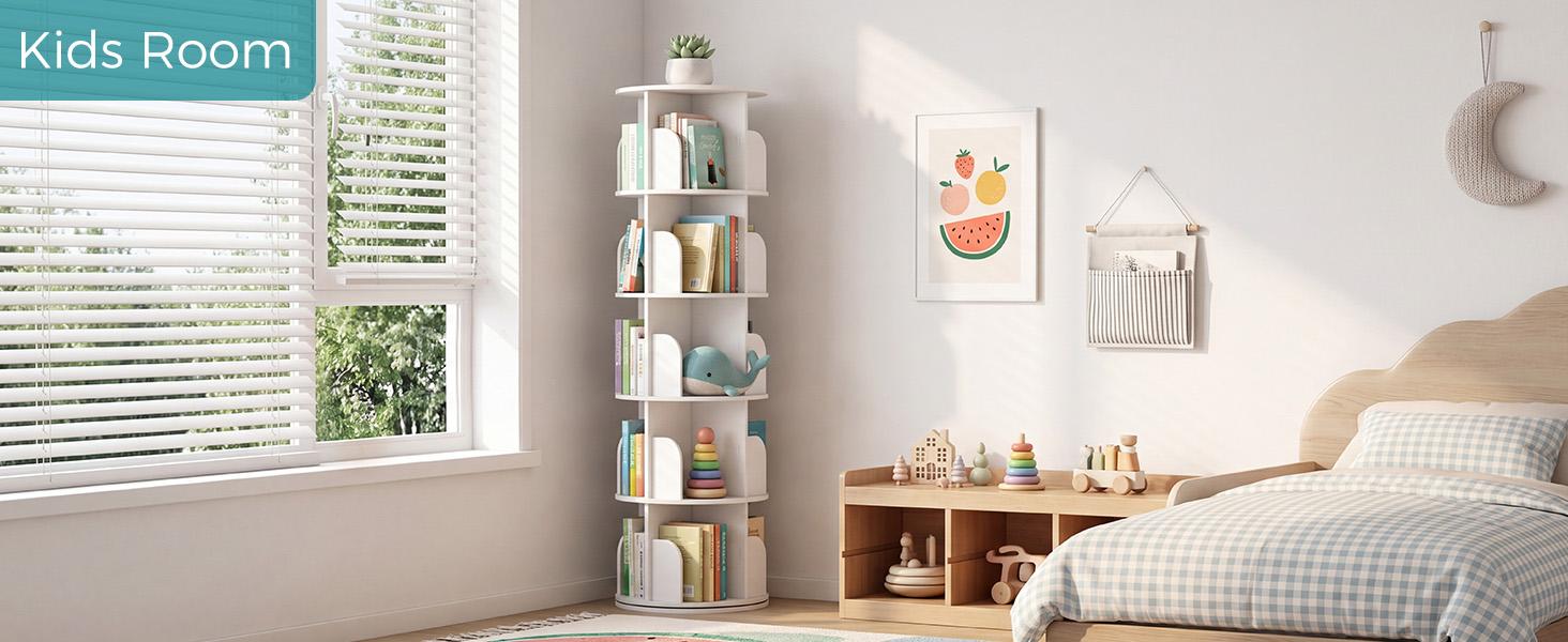 3-5 Tier Rotating Bookshelf Tower, Small Spinning Bookcase Lazy Susan | Freestanding 360° Display Revolving Book Shelf Storage Rack, Vertical Corner Organizer for Bedroom, Living Room, Modern White