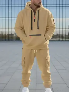 A 2-piece heavy-duty fleece loose men's long-sleeved hooded sweatshirt and multi-pocket work pants set, windproof and warm, suitable for daily casual outdoor sports men's clothing top and long pants set，christmas、christmas gift ideas