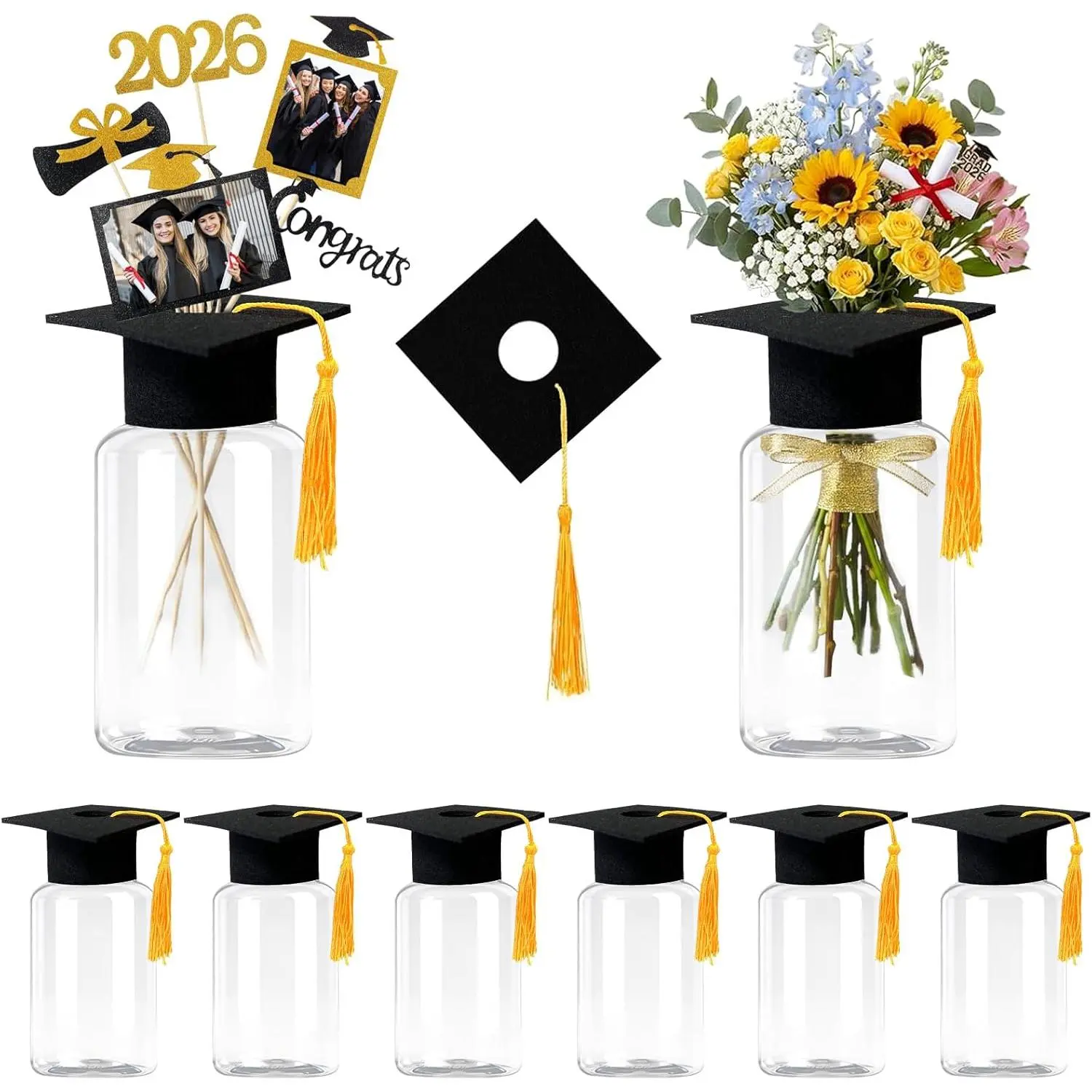 10 Pcs Class of 2026 Graduation Mason Jar Table Centerpiece with Graduation Cap Graduation Table Centerpieces for College High School Party Table Toppers Decor Supplies