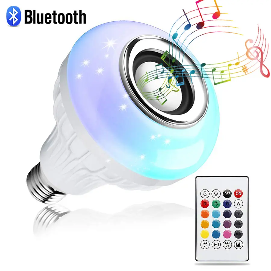 12W LED RGB Light Bulb with Cordless Bluetooth Audio Speaker - 1800mAh, 10m Range, 20kHz, Smartphone Connection, Adjustable Colors, Remote Control, Plastic, Portable LED Light for Bedroom, Basement Decor (2026 Stereo Sound Model)