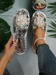 Women's Handmade Floral Rhinestone Pearl Slippers, Fashion Open Toe Shoes, Elegant Summer Footwear, Comfortable and Stylish, Open Toed Slippers