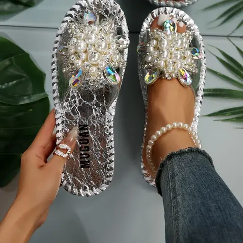 Women's Handmade Floral Rhinestone Pearl Slippers, Fashion Open Toe Shoes, Fashion Model Slippers, Elegant Summer Footwear, Comfortable and Stylish, Open Toed Slippers