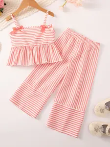 Girls Summer Blue / Striped Set, Halter Top with Ruffle Hem, Wide Leg Pants, Bow Tie Shoulder Strap, Soft Breathable Fabric, Casual Outfit Set