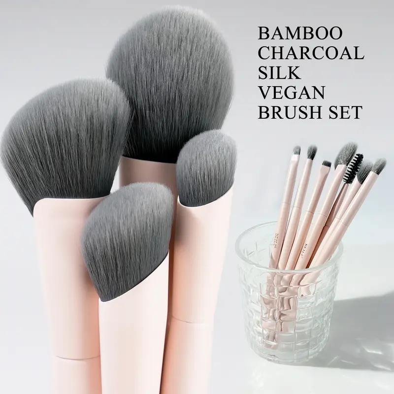 BEILI 12-Piece Vegan Cosmetic Brushes Combo - 12-Tool Full Kit for Face+Eye, Skin-Friendly Smoothing Corn Silk Fibers & Antibacterial Bamboo Charcoal Bristles for Sensitive Skin