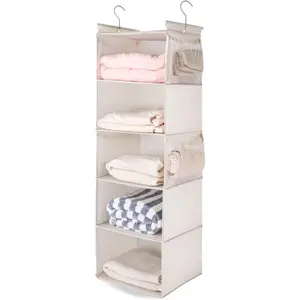 5 Shelf Hanging Closet Organizer, Space Saver, Cloth Hanging Shelves with 4 Side Pockets, Foldable, Beige