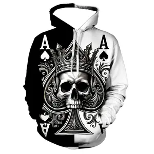 3D Men's Skeleton Poker Pattern Long Sleeve Casual Hoodie with Drawstring Pocket, Fashionable Pattern Hoodie Sports Fashion Sports Daily Spring and Autumn Top