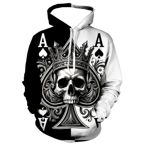 Halloween Men's Skeleton Poker Print Hoodie – Gothic Graphic Hooded Sweatshirt with Drawstring & Kangaroo Pocket, Casual Long Sleeve Hoodie for Fall, Streetwear Classic Fit Hoodie All Season Wear