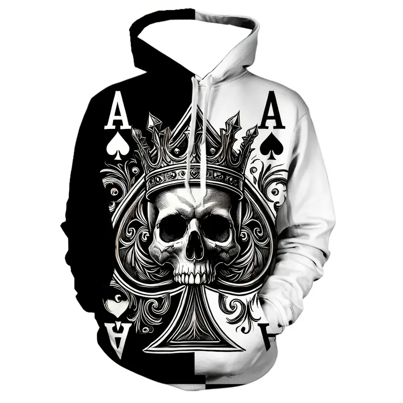 Halloween Men's Skeleton Poker Print Hoodie – Gothic Graphic Hooded Sweatshirt with Drawstring & Kangaroo Pocket, Casual Long Sleeve Hoodie for Fall, Streetwear Classic Fit Hoodie All Season Wear