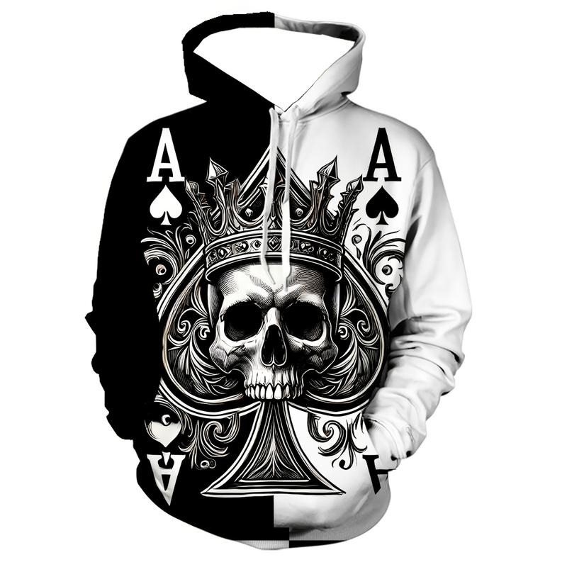 Halloween Men's Skeleton Poker Print Hoodie – Gothic Graphic Hooded Sweatshirt with Drawstring & Kangaroo Pocket, Casual Long Sleeve Hoodie for Fall, Streetwear Classic Fit Hoodie All Season Wear