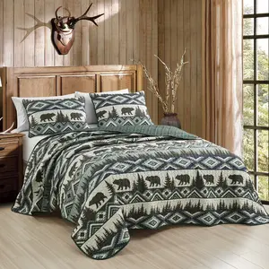 Rustic Unique Comfortable Soft Quilt Set with Elks, Pine Trees & Bear Paws Prints - King or Queen Sizes,for RV for Airbnb  Breathable Fabric for Spring & Summer