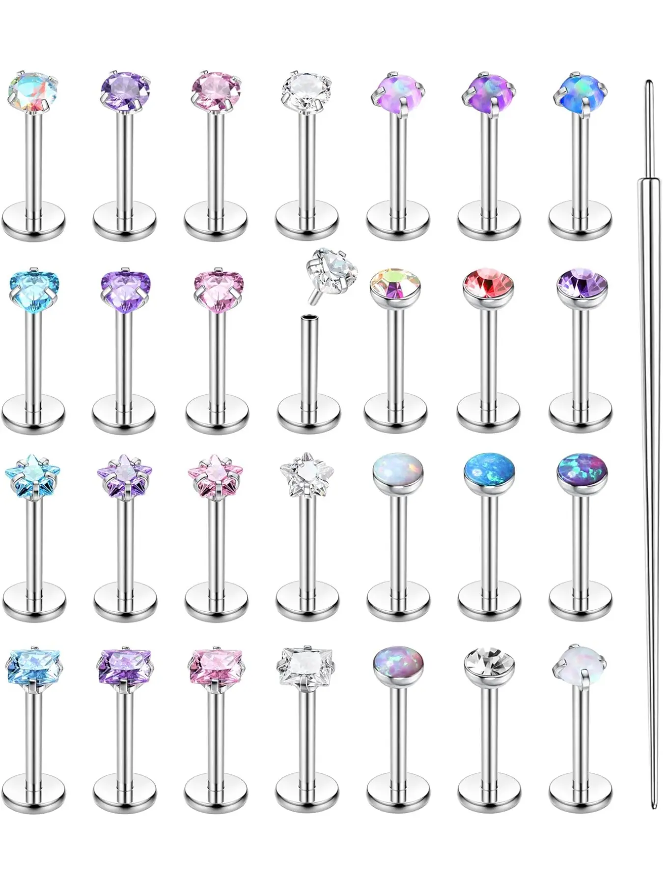 28Pcs Threadless Nose Rings Studs Set Surgical Steel Lip Nostril Labret Medusa Body Jewelry Piercing Jewelry Push in Tragus Conch Helix Flat Back Earrings for Women Men 16G 18G 20G 6/8mm