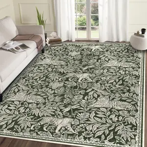 GARVEE Washable 9x12 Area Rug with Tiger Print, Soft Non-Slip Modern Living Room Carpet, Foldable Thin Accent Mat for Dining Room, Bedroom, Indoor Vintage Floor Cover in Green