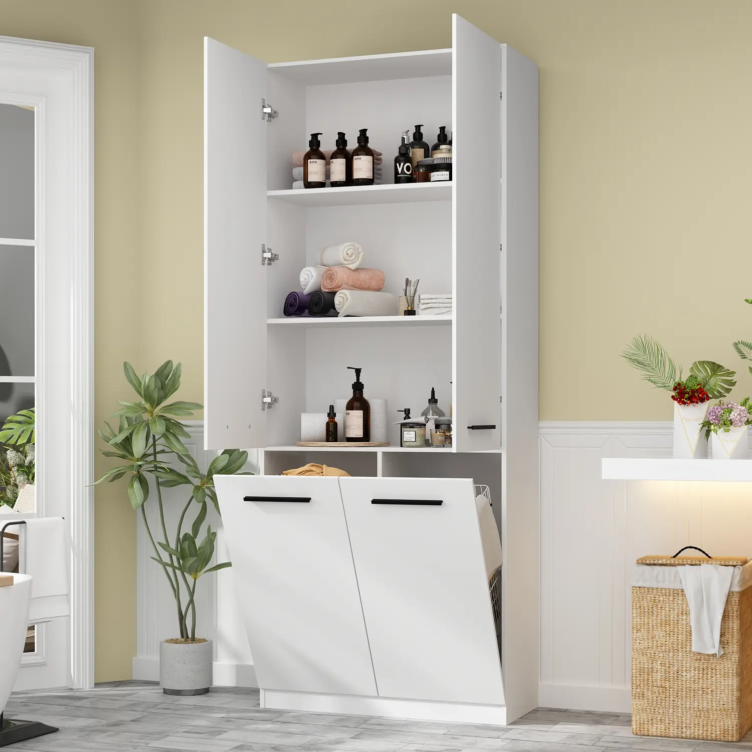 FUFU&GAGA 79" Tall White Laundry Cabinet, Freestanding Bathroom Storage Cabinet with Pull-Out Hampers & Adjustable Shelves