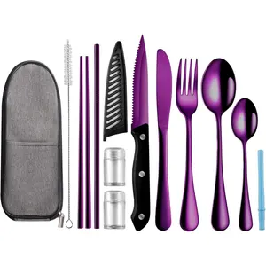 Travel Utensils with Case, Utensils,Portable Travel Camping Cutlery Set,Stainless Steel Flatware Set,Lunch Boxes Workplace Camping School Picnic (Purple)