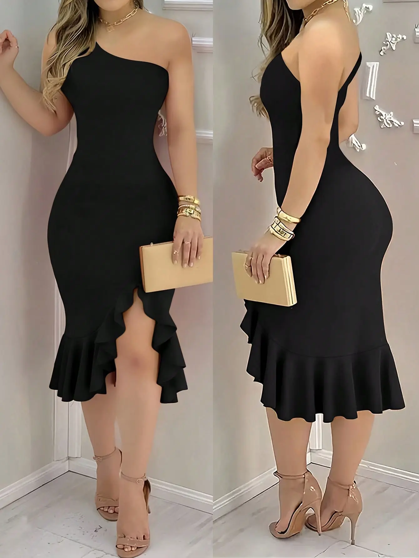 Women's Elegant Slim Fitted Ruffle Hem Asymmetrical Neck Split Midi Dress