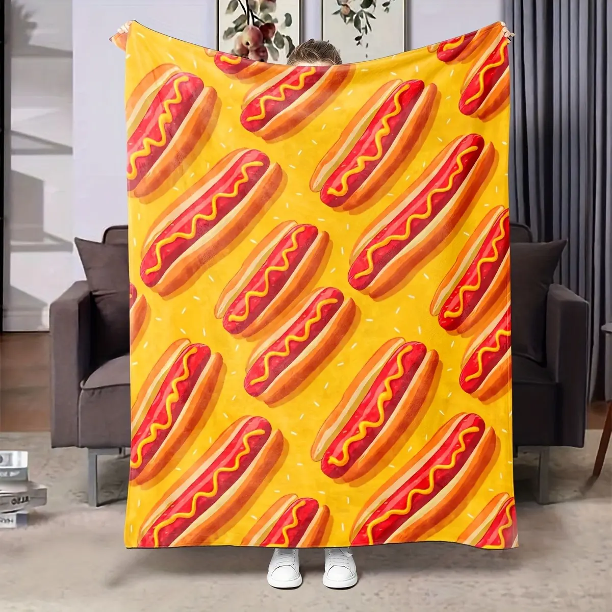 Funny Hot Dog Sausage Mustard Print Cozy Flannel Blanket - Novelty Fast Food Themed Soft Plush Home Textile, Ideal Gift for Hot Dog Lovers, Bedroom Sofa Decor for Watch Parties, Flannel Throw Blankets,back to school,back to school shopping,home decor